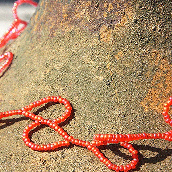 ON VACATION, Boho Skinny Salmon Pink /Orange Seed Bead Necklace OOAK Artisan Teardrop Raindrop Drop Handmade beaded Necklace