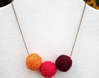 ON VACATION, Big Ball Necklace Orange Coral Burgundy Wine Red Cotton Ball Colorful Gift for Knitter statement necklace