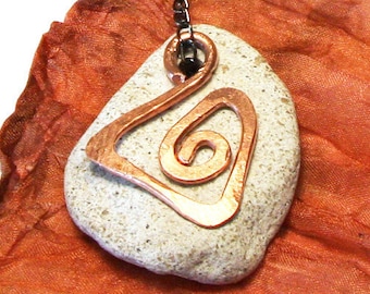 ON VACATION, Cinnamon Necklace, White Beach Pebble with Hammered Copper Spiral, Black Gunmetal Chain, Unique Handmade Jewelry