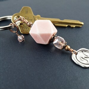 ON VACATION, Geometric Dice Keychain, Custom Initial Letter Charm, Stamped Wax Seal, Personalized Gift, Pink Crystals image 2