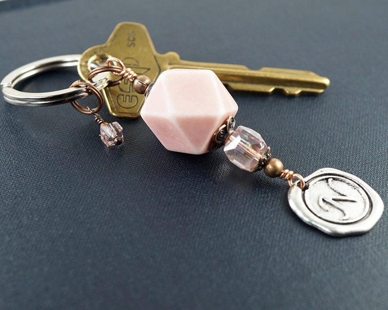 ON VACATION, Geometric Dice Keychain, Custom Initial Letter Charm, Stamped Wax Seal, Personalized Gift, Pink Crystals image 2