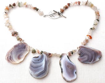 ON VACATION, Boho Raw Stone Agate Necklace Natural Stone Necklace Statement Necklace Unpolished Untreated Agate Slices
