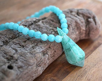 ON VACATION, Aquamarine Aura Quartz Point Raw Aura Crystal Necklace Crystal Point Boho Seafoam Green Blue Gemstone raw quartz