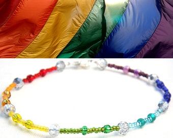 ON VACATION, Rainbow Bracelet Anklet Pride Bracelet LGBT Bracelet Silver Crystal Glass Beads Bohemian Anklet Pride