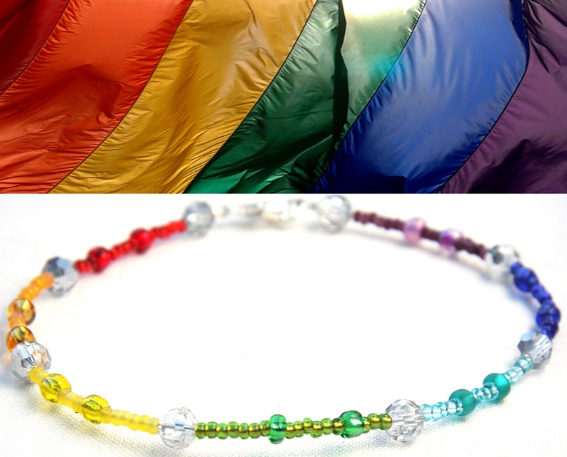 ON VACATION, Rainbow Bracelet Anklet Pride Bracelet LGBT Bracelet Silver Crystal Glass Beads Bohemian Anklet Pride image 1