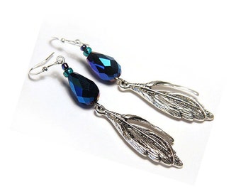 ON VACATION, Boho Peacock Earrings Aura Crystal Earrings Silver Feather Earrings Blue Green Crystal Drop Long Feather Earrings