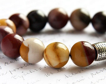 Bohemian  Colorful Mookaite Jasper Stone Bracelet Silver Bali Bead Natural Bright Yellow and Earth Red Australia