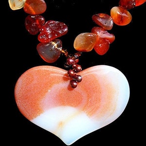 Large Carnelian Heart Necklace, Genuine Gemstone, Statement Luxury Jewelry, Natural Stone Burnt orange image 2