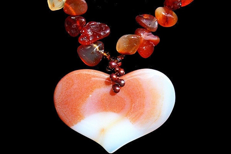 Large Carnelian Heart Necklace, Genuine Gemstone, Statement Luxury Jewelry, Natural Stone Burnt orange image 2