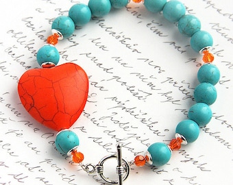 ON VACATION, Bright Orange Blue Turquoise Bracelet Colorful Heart Mod Fashion Sterling Silver Crystal Toggle Clasp Beaded bracelet