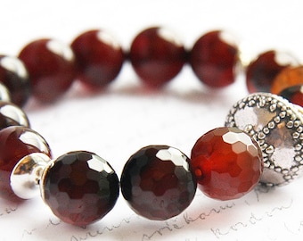 ON VACATION, Bohemian  Magnificent Natural Brown Agate Bracelet Bracelet Solid Sterling Silver Bali Bead Faceted Gemstones