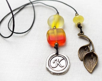 ON VACATION, Beaded Bookmark Initial Personalized Bookmark Wax Seal Letter Orange Yellow ombre Glass calla lily bronze