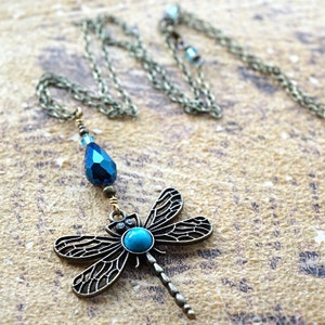 ON VACATION, Boho Dragonfly Necklace Blue Turquoise Peacock Crystal Drop Necklace Large Pendant Long Antique Brass Chain Bohemian image 5