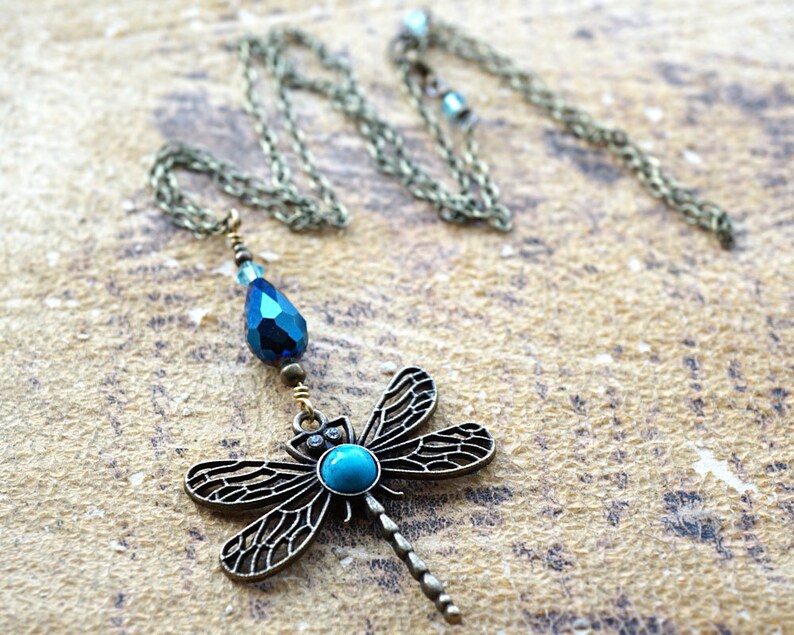 ON VACATION, Boho Dragonfly Necklace Blue Turquoise Peacock Crystal Drop Necklace Large Pendant Long Antique Brass Chain Bohemian image 5