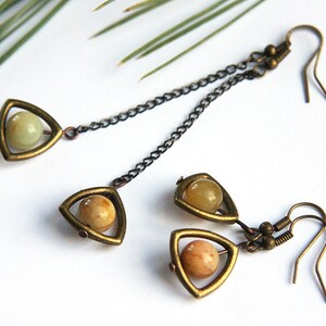 ON VACATION Boho Jade Earrings Vintage Style Antique Bronze Triangle Frame Gunmetal Chain You Pick Short or Long Dangle Custom