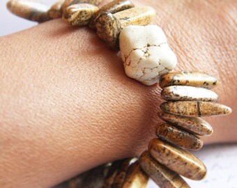 Bracciale Elastico Con Pasta Di Turchese, Sodalite, Diaspro Fossile Elemento In Argento 925
