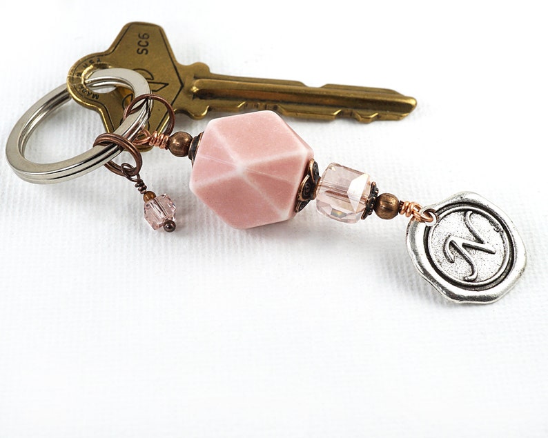 ON VACATION, Geometric Dice Keychain, Custom Initial Letter Charm, Stamped Wax Seal, Personalized Gift, Pink Crystals image 6