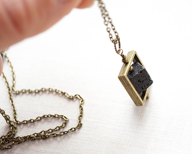 ON VACATION, Raw Stone Necklace Essential Oil Diffuser Necklace Big Cube Square Frame Raw Stone Black Lava Stone Necklace Mens image 4