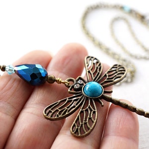 ON VACATION, Boho Dragonfly Necklace Blue Turquoise Peacock Crystal Drop Necklace Large Pendant Long Antique Brass Chain Bohemian image 2