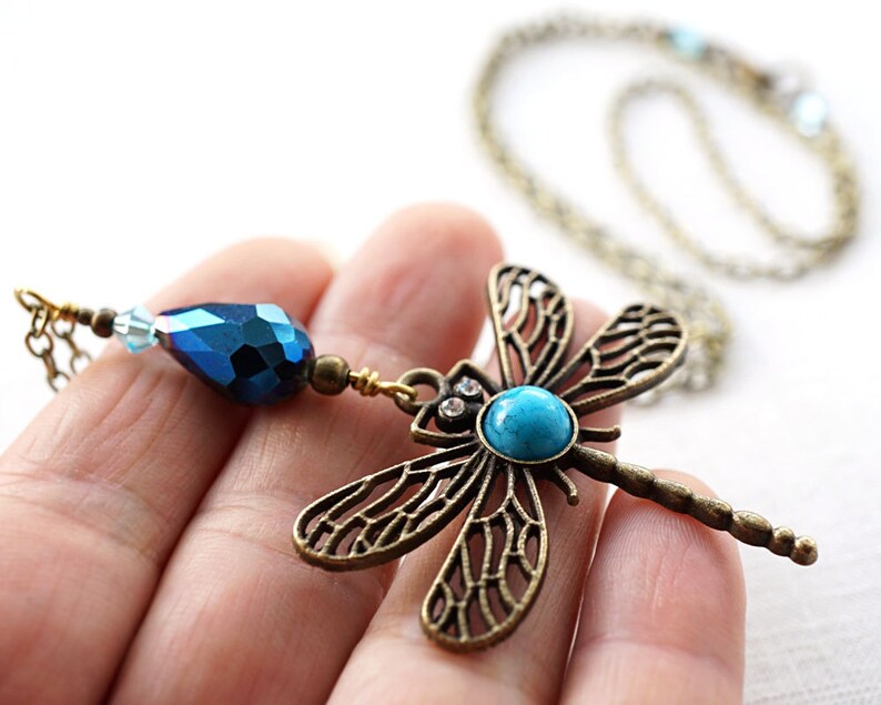 ON VACATION, Boho Dragonfly Necklace Blue Turquoise Peacock Crystal Drop Necklace Large Pendant Long Antique Brass Chain Bohemian image 2