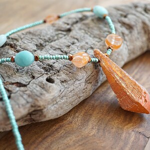 ON VACATION, Aura Quartz Point Raw Orange Crystal Necklace Crystal Point Amazonite Seafoam raw quartz jewelry statement necklace image 3