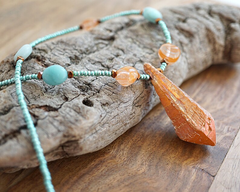 ON VACATION, Aura Quartz Point Raw Orange Crystal Necklace Crystal Point Amazonite Seafoam raw quartz jewelry statement necklace image 3