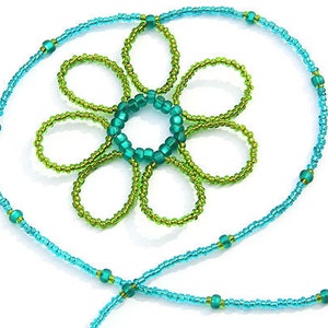 May include: A beaded necklace with a green and blue flower design. The necklace is made of small, round beads and is tied with a knot at the end.