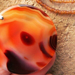 Large Flaming Agate Necklace, Thin Orange Stone Pendant, Black Geometric Necklace, Statement Unique Artisan Necklace image 1