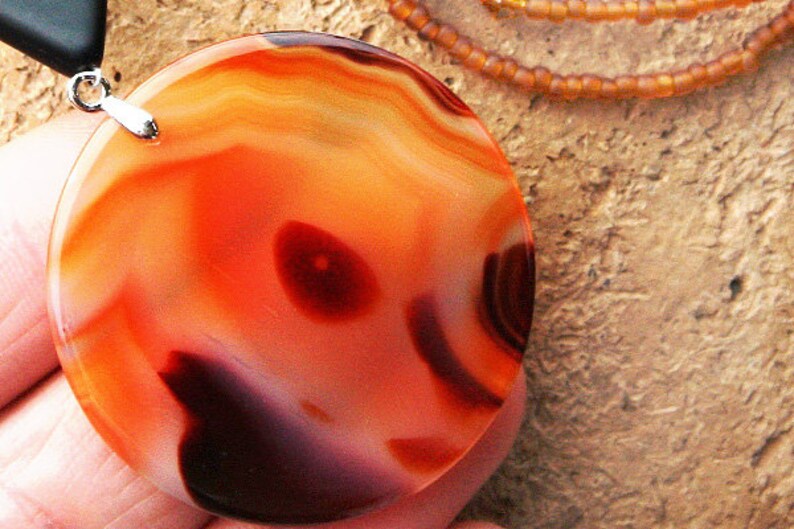 Large Flaming Agate Necklace, Thin Orange Stone Pendant, Black Geometric Necklace, Statement Unique Artisan Necklace image 1