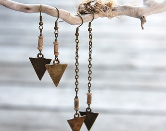 ON VACATION, Tribal Earrings Long or Short Arrow Earrings Vintage African Beads Spear Earrings Bronze Chain Rustic Bohemian