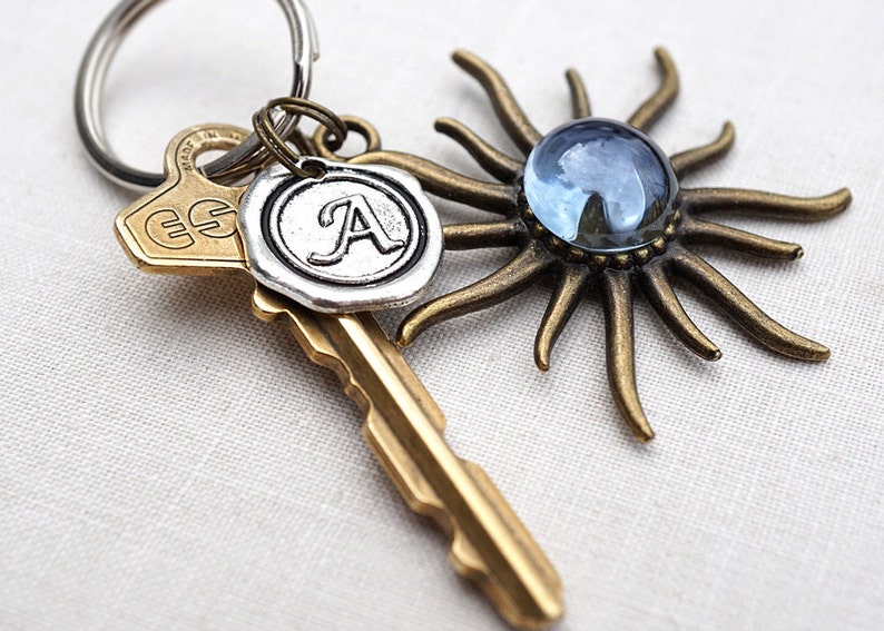 ON VACATION, Bronze Sun Keychain, Light Blue Bubble Gem, Custom Personalized Gift, Good Luck Charm image 5