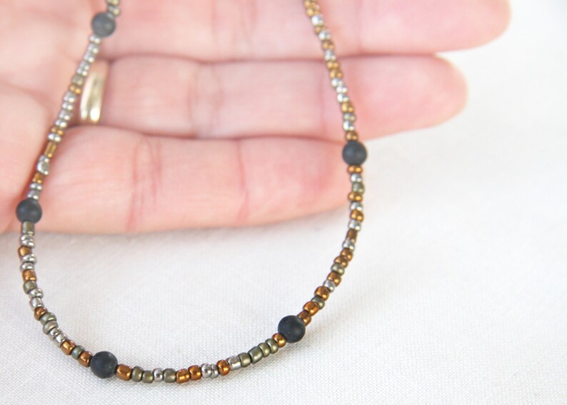 ON VACATION, Thin Boho Tribal Necklace dainty Black Stone Beads Modern Minimalist Simple Necklace Mixed Metal necklace men image 4