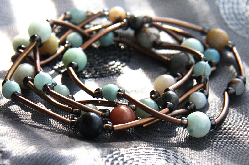 ON VACATION, Amazonite Bracelet Minimal Bracelet Light Blue Natural Stone Bracelet Stackable Tribal Layering Bracelet Copper image 2