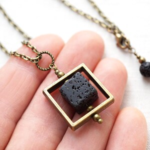 ON VACATION, Raw Stone Necklace Essential Oil Diffuser Necklace Big Cube Square Frame Raw Stone Black Lava Stone Necklace Mens image 7