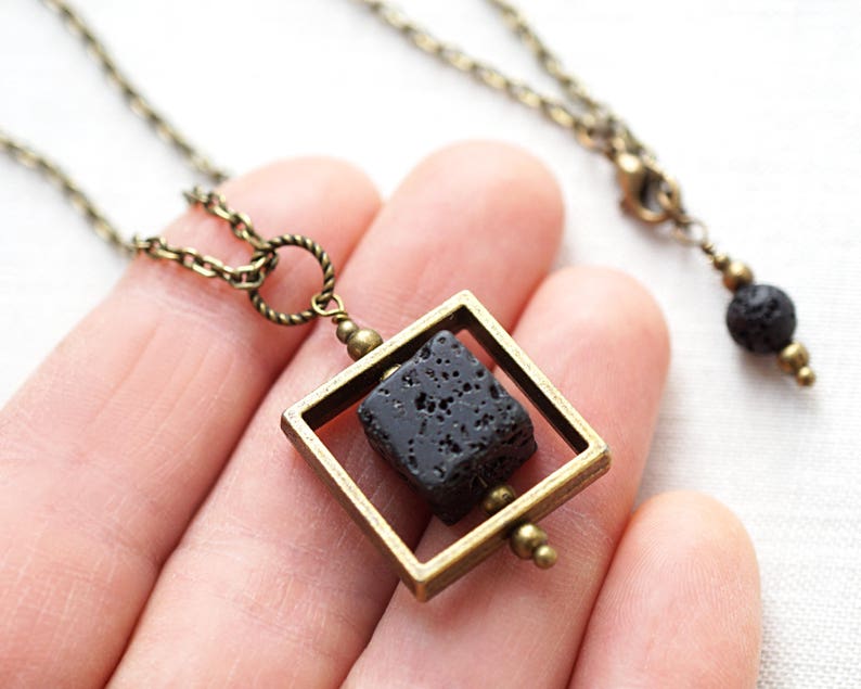 ON VACATION, Raw Stone Necklace Essential Oil Diffuser Necklace Big Cube Square Frame Raw Stone Black Lava Stone Necklace Mens image 7
