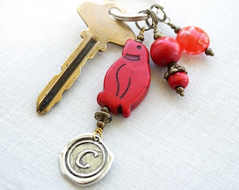 ON VACATION, Red Keychain Pet gift Personalized Keychain Initial Keychain Penguin Keychain Wax Seal personalized jewelry