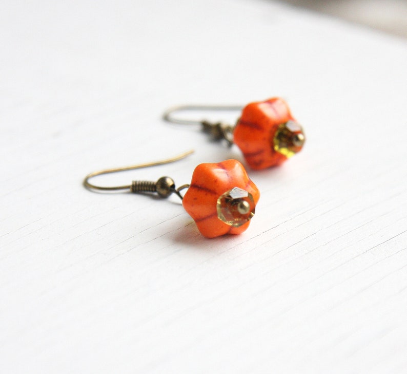 Little Cute Pumpkin Earrings, Green Peridot Gemstone Earrings, Halloween jewelry dainty tiny statement earrings image 2