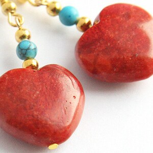 ON VACATION, Bohemian Red Heart Earrings Turquoise and Coral Earrings Red Sponge Coral Heart Turquoise Earrings Gold Earrings image 3