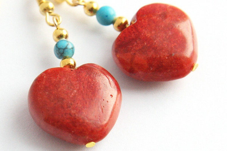 ON VACATION, Bohemian Red Heart Earrings Turquoise and Coral Earrings Red Sponge Coral Heart Turquoise Earrings Gold Earrings image 3