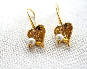 ON VACATION, gift for her Boho Heart of Gold White Pearl Earrings Calla Lilly Wedding Earrings Gold Dangle Earrings