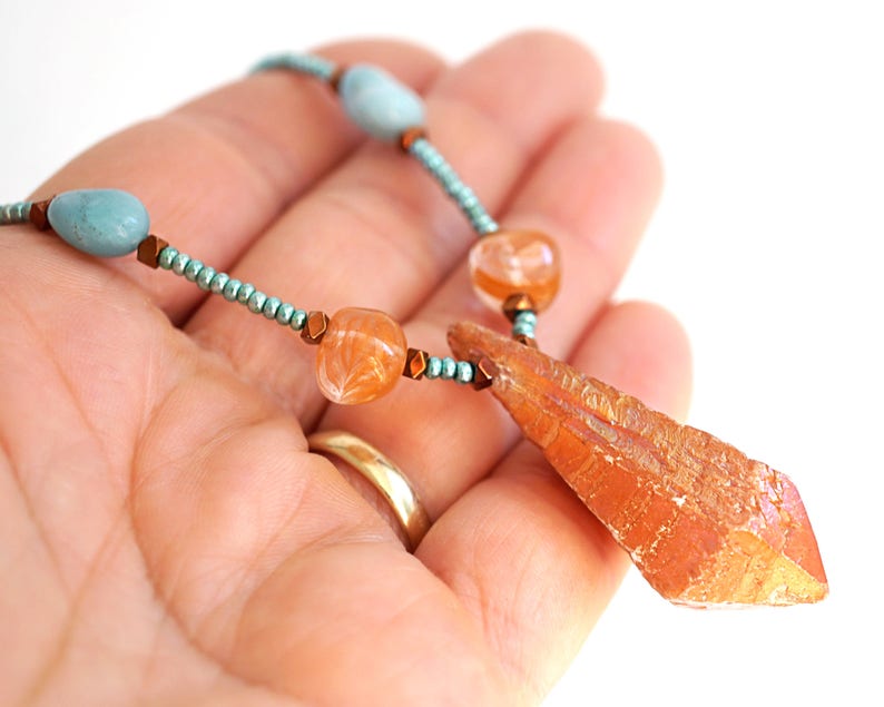 ON VACATION, Aura Quartz Point Raw Orange Crystal Necklace Crystal Point Amazonite Seafoam raw quartz jewelry statement necklace image 6