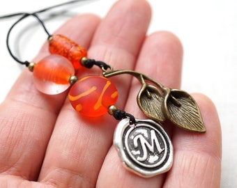 ON VACATION, Beaded Bookmark Initial Personalize Bookmark Wax Seal Letter Orange Glass bronze calla lily flower custom gift