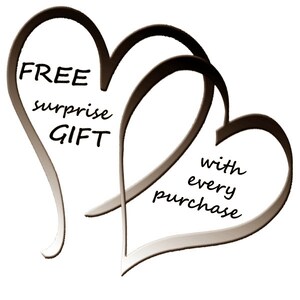 May include: Two intertwined hearts, one with the text "FREE surprise GIFT" and the other with the text "with every purchase".