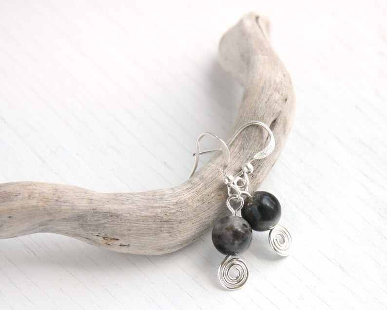ON VACATION, Natural Jasper Stone Earrings Simple Minimal Black Gray Beige Wire Wrapped Spiral Earrings Sterling Silver image 2