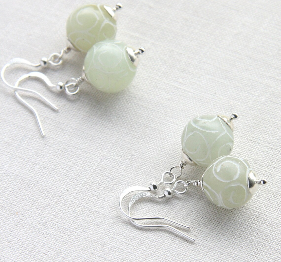 Light Green Jade Earrings Carved Stone Sterling Silver Etsy