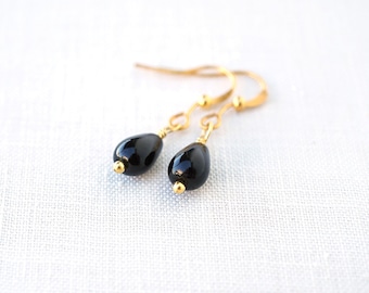 ON VACATION, Bohemian Small Black Earrings Black Bead Earrings Teardrop Earrings Black Glass Earrings Dangle Earrings Gold drop