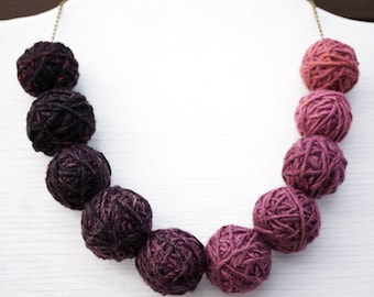 ON VACATION, Bohemian Kitten Necklace Yarn Necklace Purple Ombre Thread Ball Necklace Bronze Chain with 10 Big Balls Earthy Colors