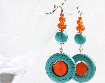 ON VACATION, Boho Turquoise Jewelry Birthstone Dangle Earrings Mod Orange Blue Turquoise Earrings Crystal Sterling Silver Boho