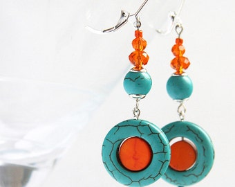 ON VACATION Boho Turquoise Jewelry Birthstone Dangle Earrings Mod Orange Blue Turquoise Earrings Crystal Sterling Silver Boho