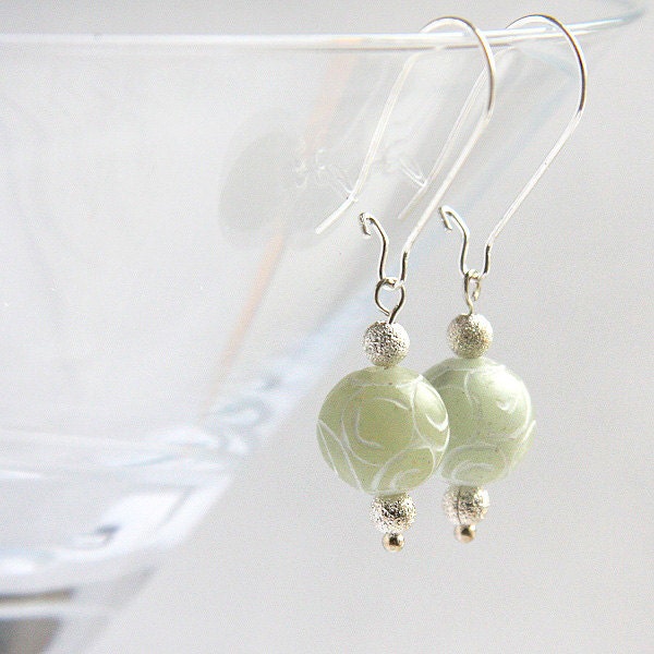 Light Green Jade Earrings Carved Stone Sterling Silver Etsy